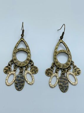 Antique Gold Tone Dangle Earrings Boho Tribal Hammered Statement Drop